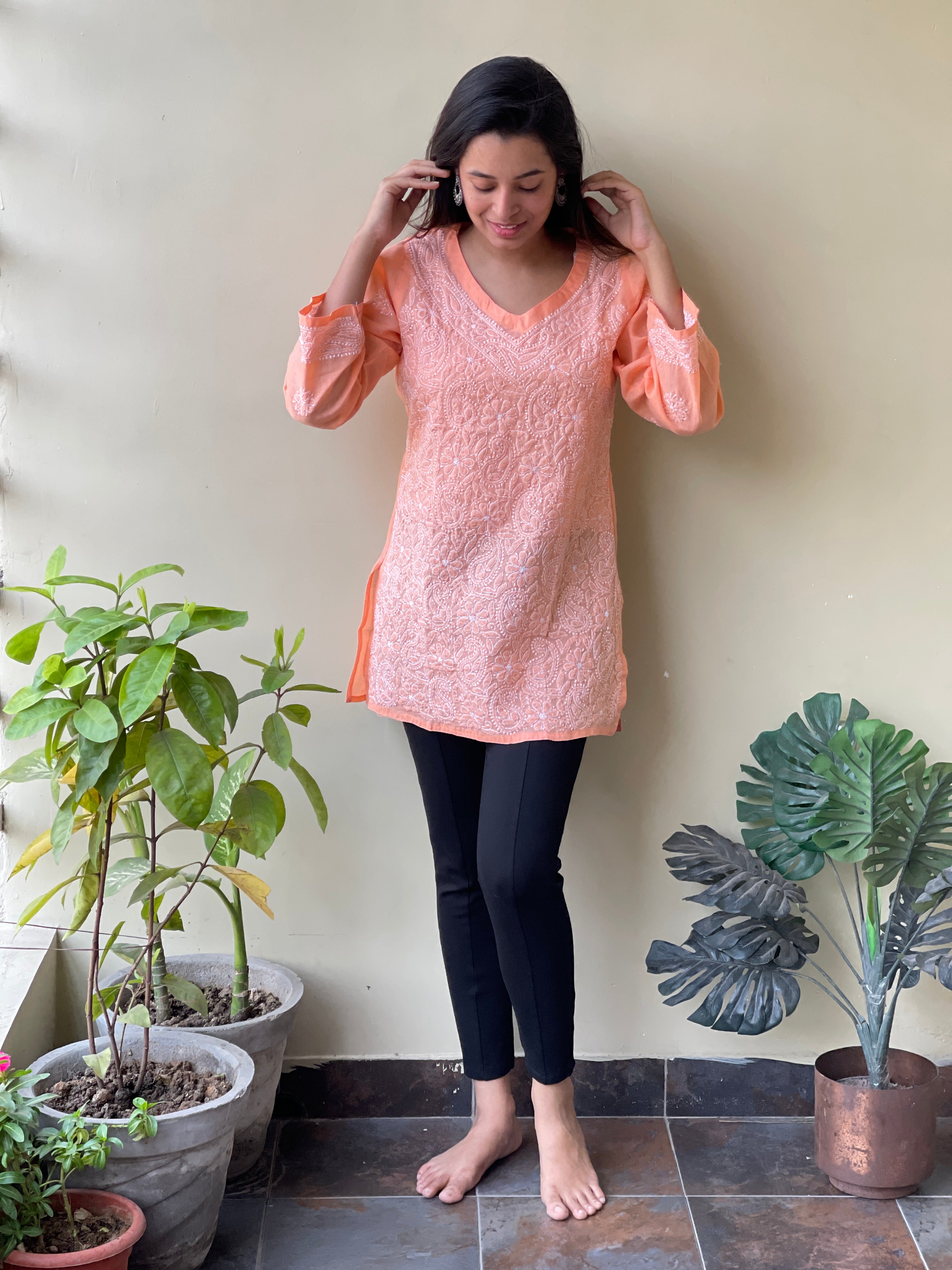 Tvis and Bliss. Hand Embroidered Lime Green Cotton Lucknow Chikankari Short  kurti